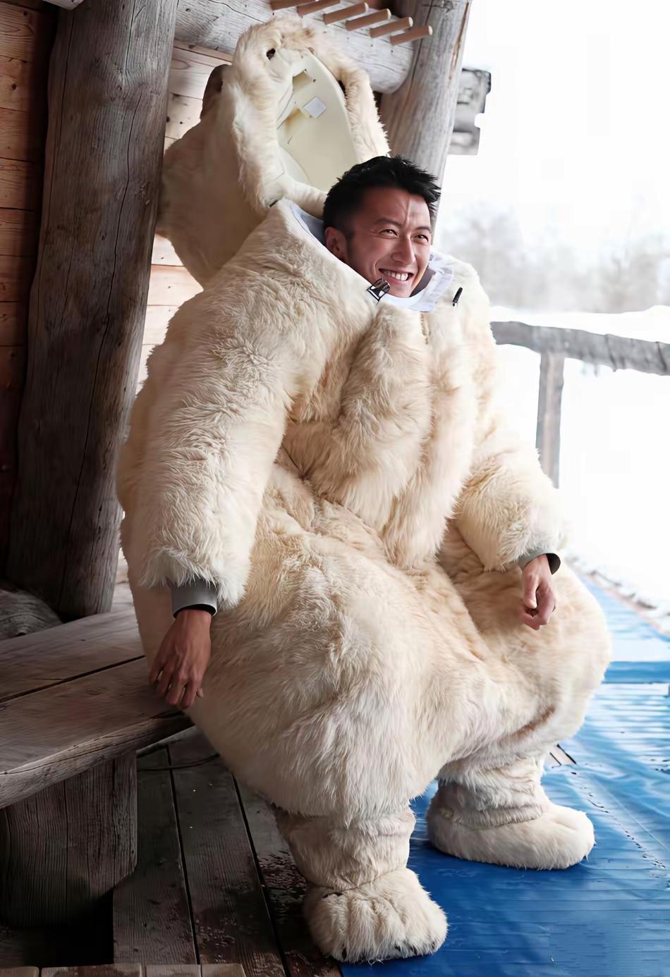 谢霆锋身穿北极熊套装在哈尔滨滑雪。不得不佩服谢霆锋这颜值，穿上这样厚重臃肿的北极