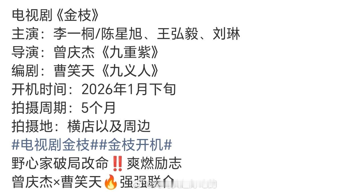 李一桐 陈星旭《金枝》即将开机导演是审美非常棒的曾庆杰开机时间：2026年1月下