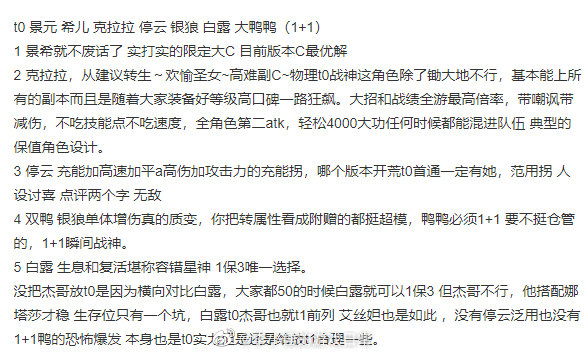 有玩家列出自己心中的 t0 角色，包括景元、希儿、克拉拉、停云、银狼、白露、布洛