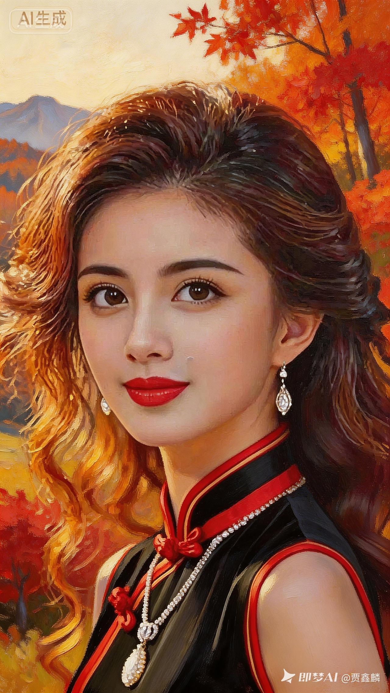 秋日暖阳下的东方美人，红唇与耳坠相映成辉。
