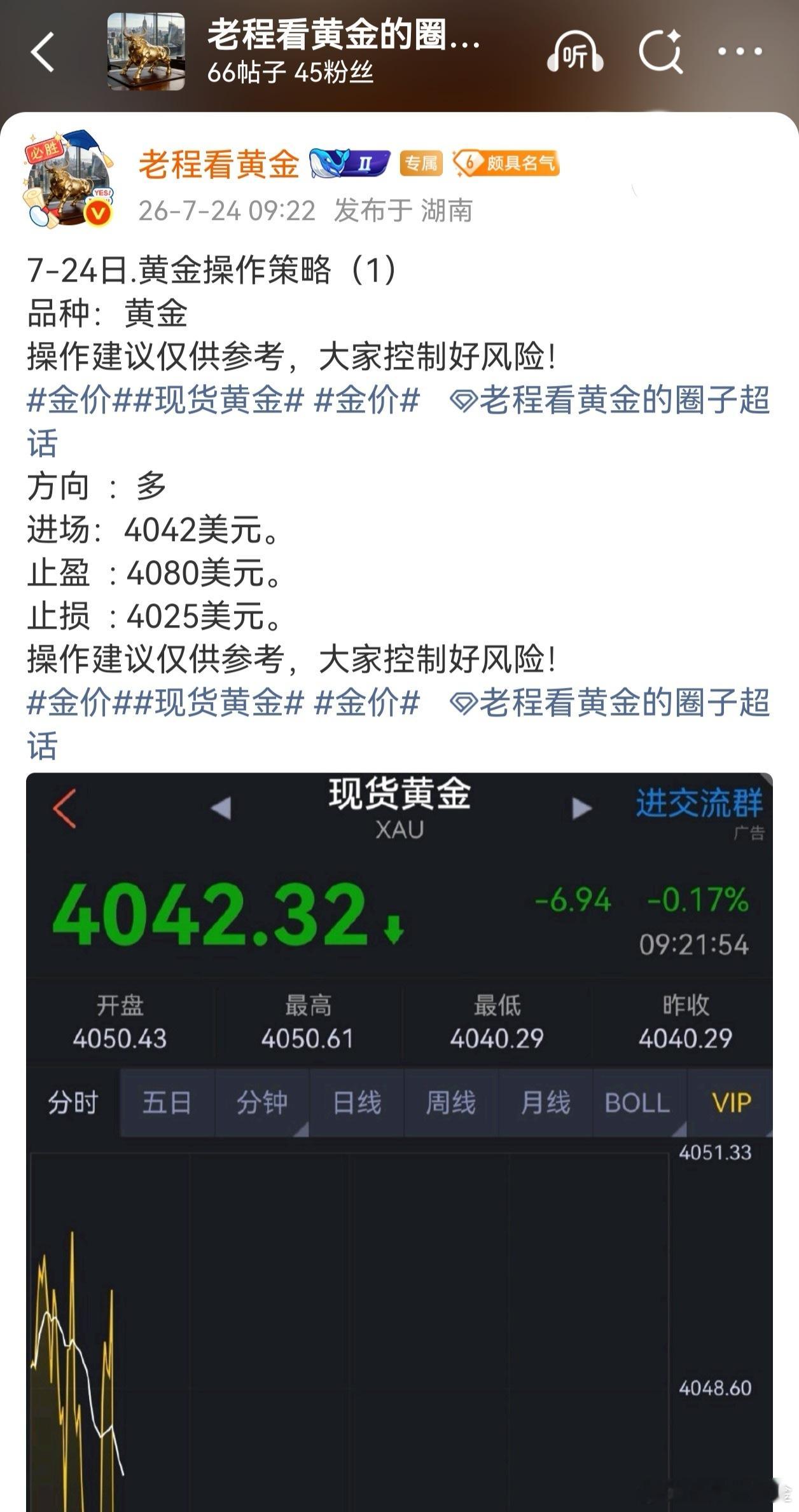 早盘老程给大家4042美元建议了一个黄金多单，刚刚好跌到止损位，这个多单损得有点