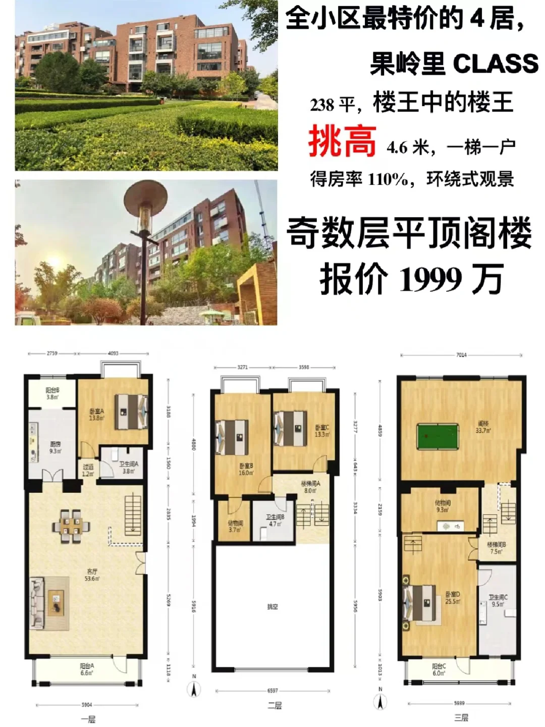果岭238楼王复式，单价8.3，历史大底！