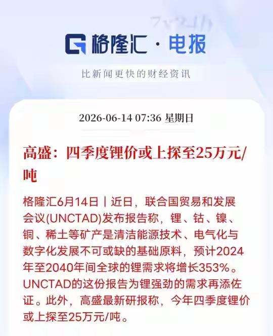 锂电池迎来了价格上涨周期，有色金属迎来上涨，四季度锂的价格可能上涨至25万1吨，
