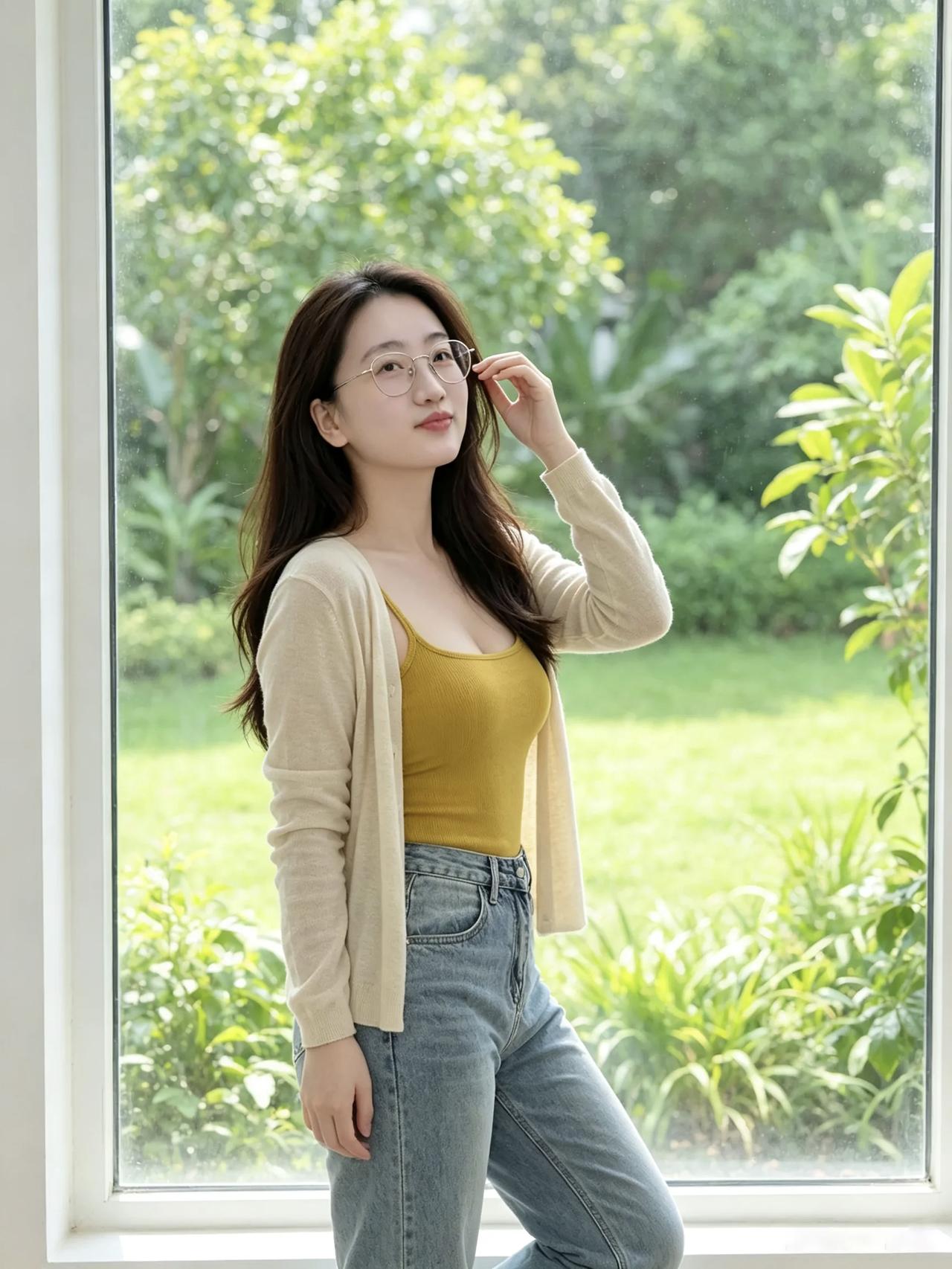 女孩站在窗边，看着外面的绿植。