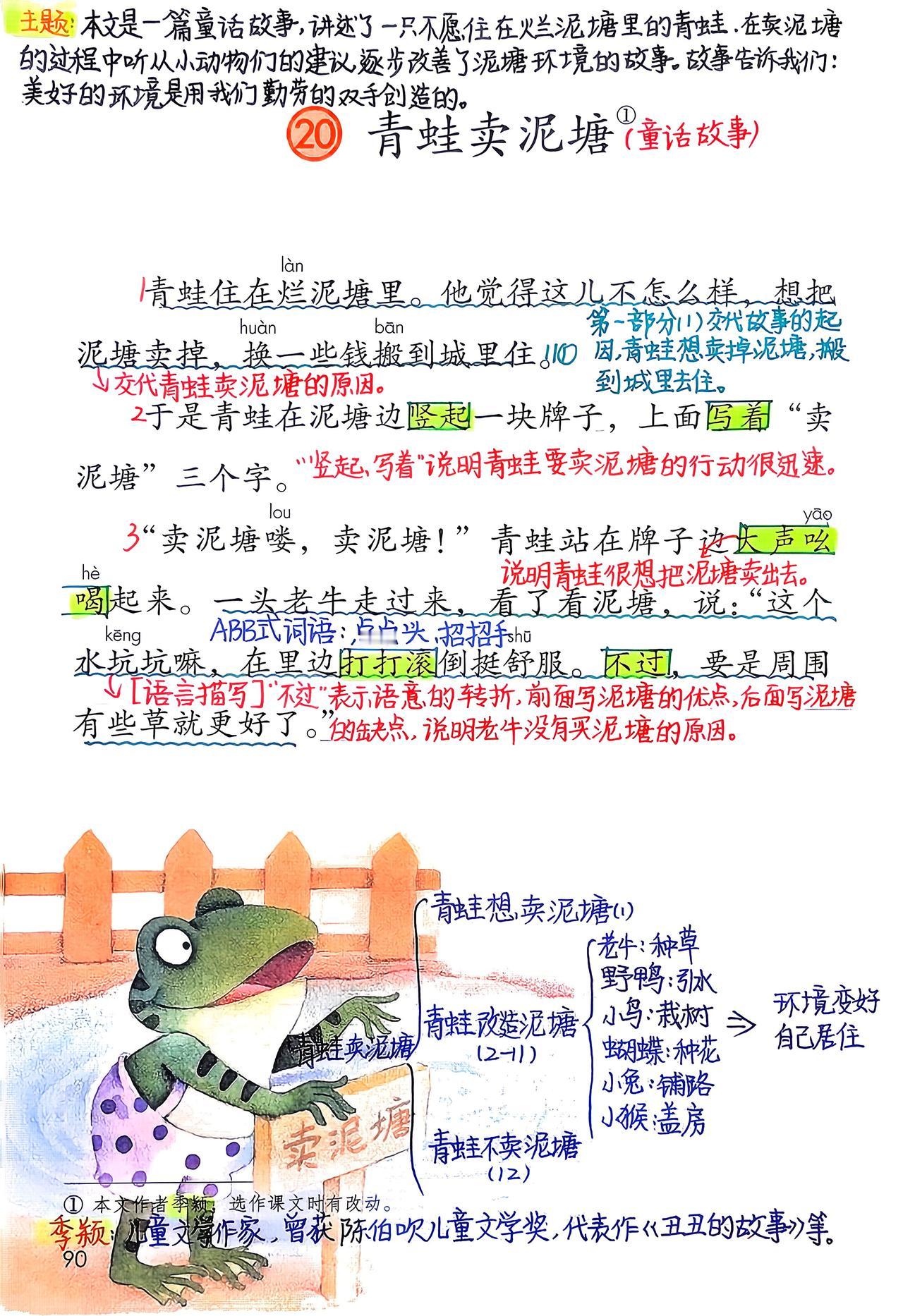 二年级语文下册，第七单元第20课《青蛙卖泥塘》课堂学习笔记，收藏复习～二年级语文