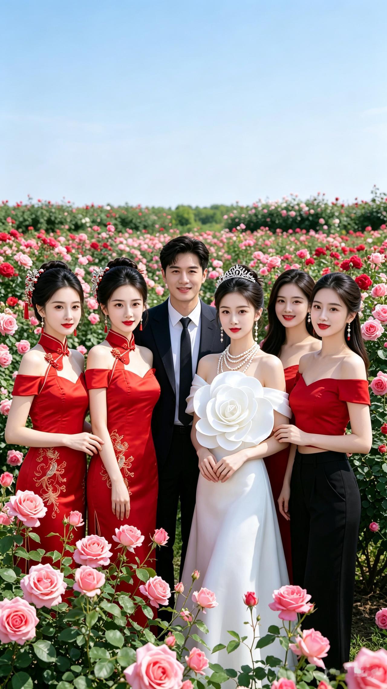 一群美女在花海中合影，好漂亮！
那位美女配帅哥最合适。感谢诸位佳人给我做主。