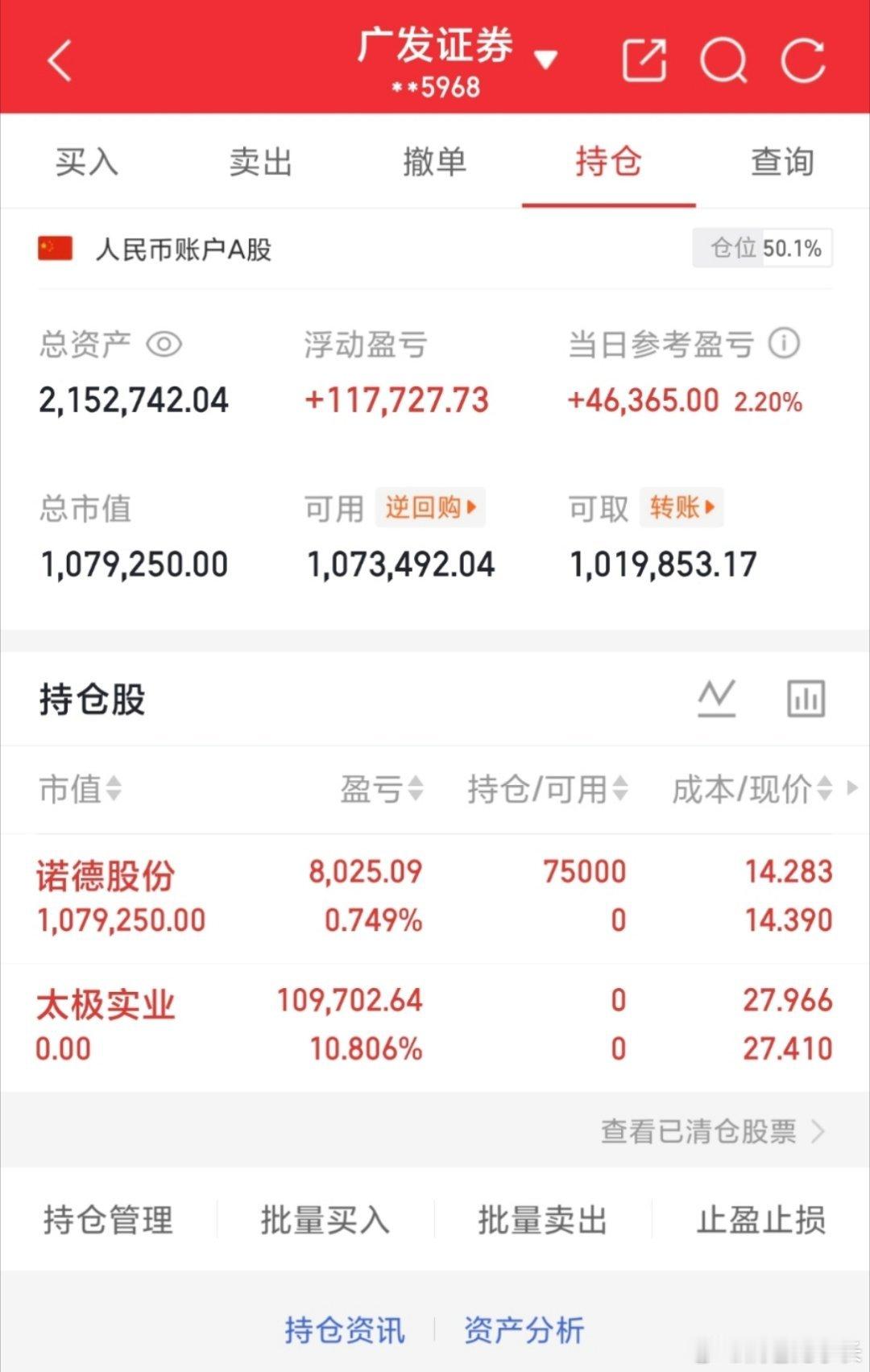 50W本金，目标一年翻10倍，一年做500w（第51天） 今日买入：600110
