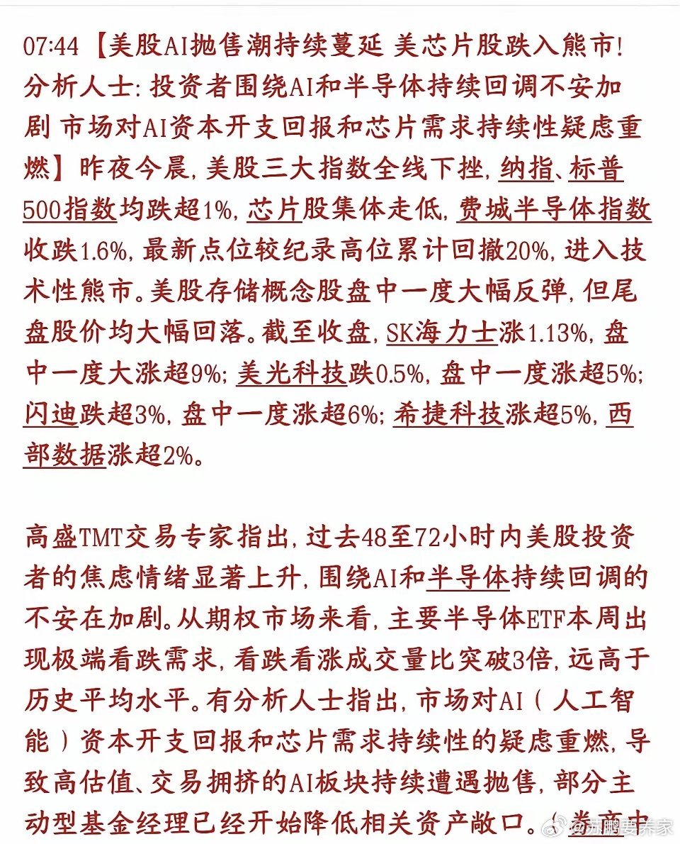 美股芯片也进入了熊市，全球AI逻辑发生根本改变，不是就A股跌美股费城半导体指数，