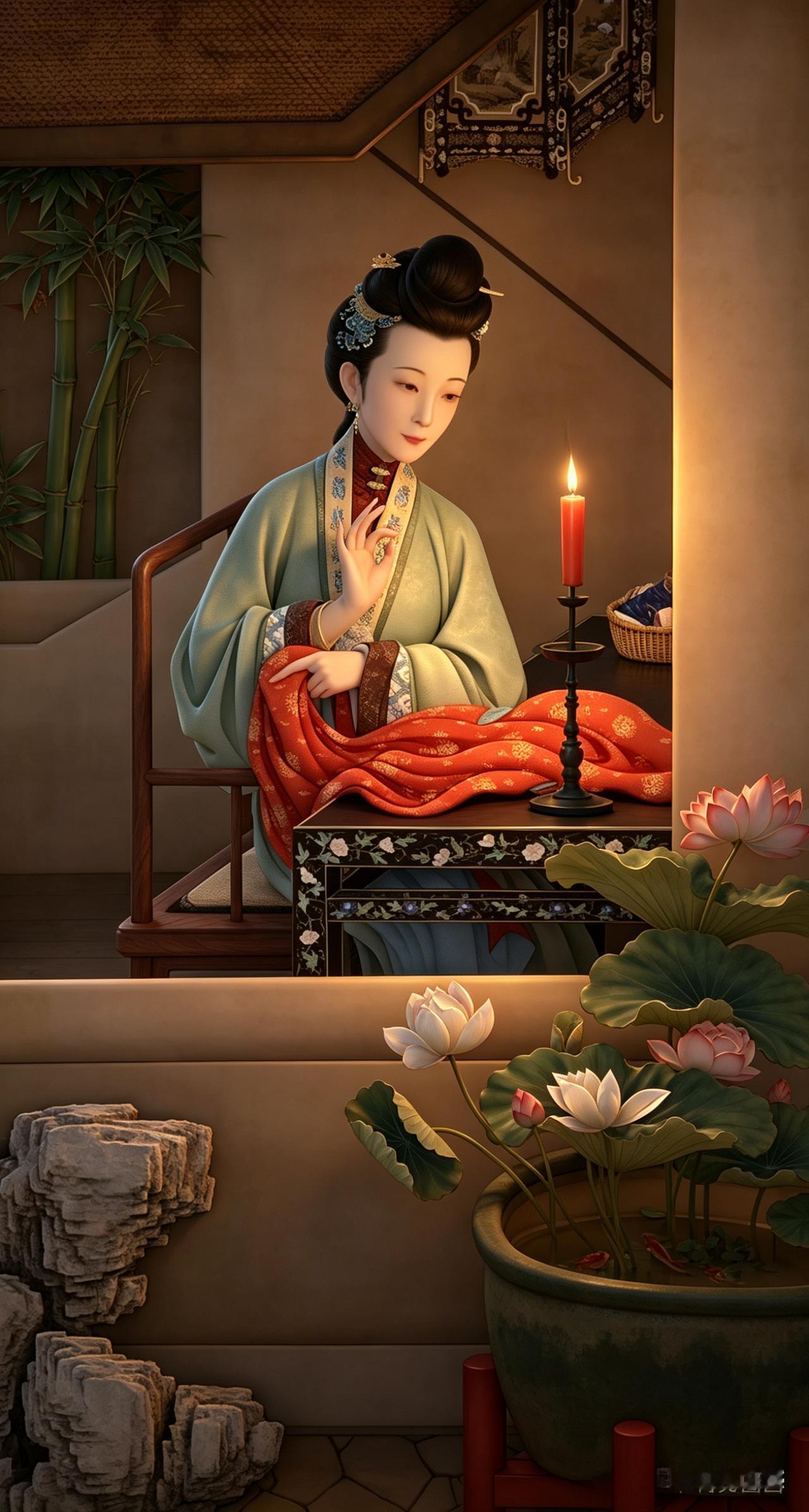 雍正十二美人图6（AI复原）

烛影摇红，美人灯下缝衣裳，这哪是深宫寂寞？分明是
