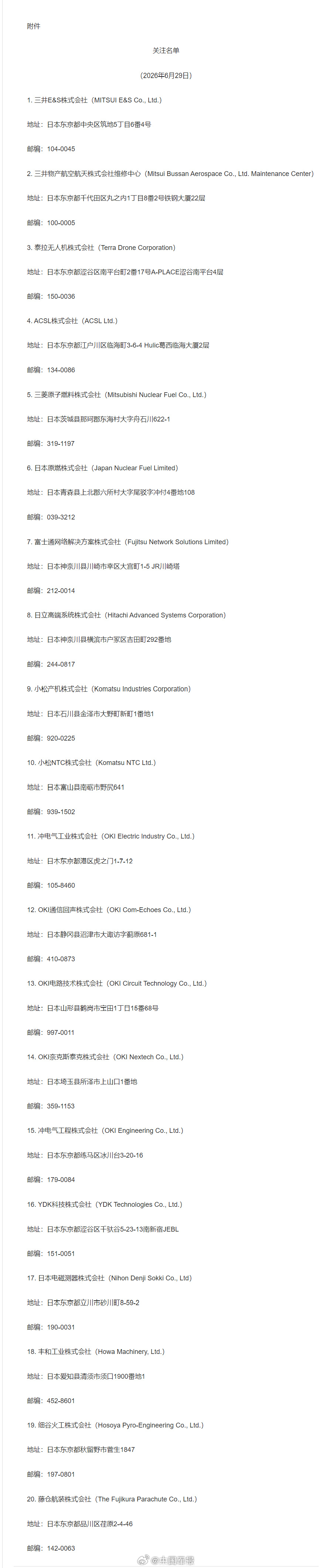 【商务部：将20家日本实体列入关注名单】涉日本军事用户用途出口不予批准 根据《中