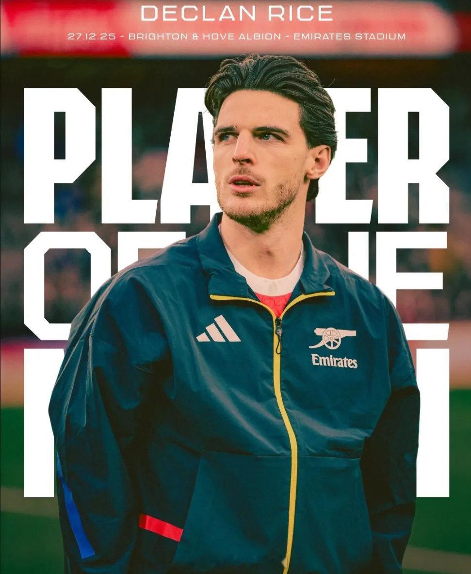 赖斯被阿森纳官方票选为了本场比赛最佳球员。 