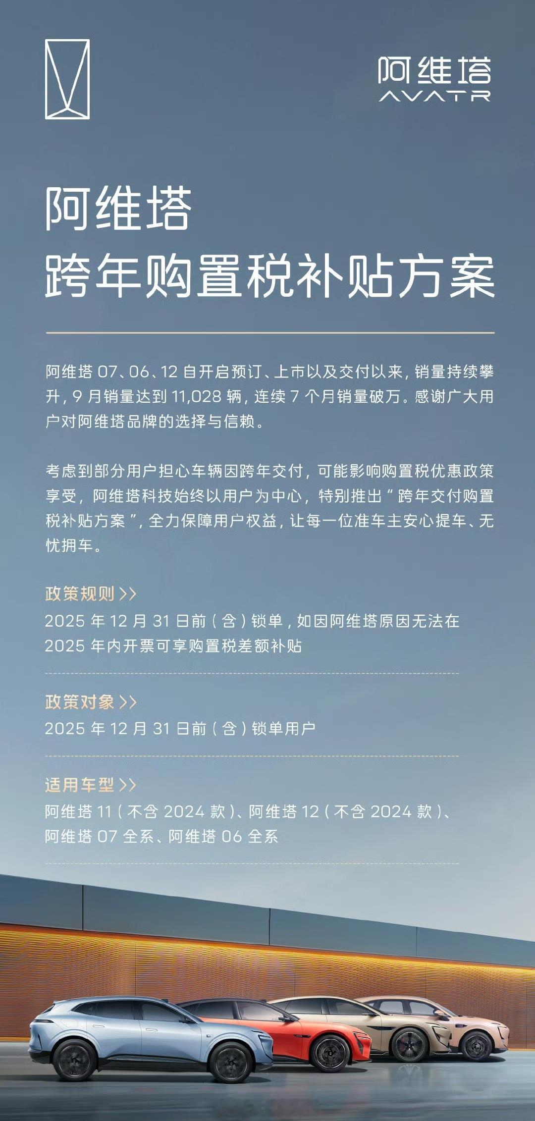 阿维塔发布了跨年购置税补贴方案：2025 年 12 月 31 日前（含）完成锁单