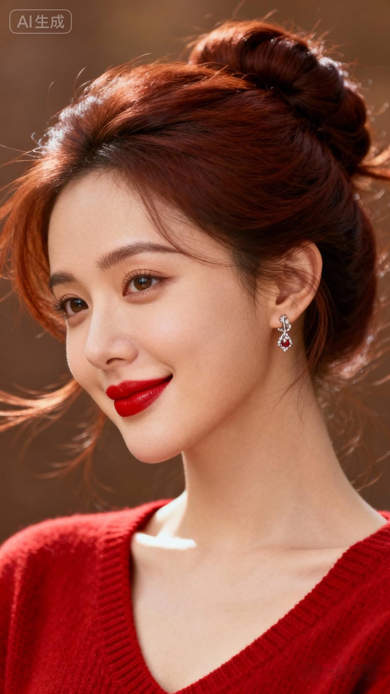 优雅红唇、甜美笑容、复古卷发和时尚耳环，这搭配堪称女性魅力的“黄金搭档”，就像给