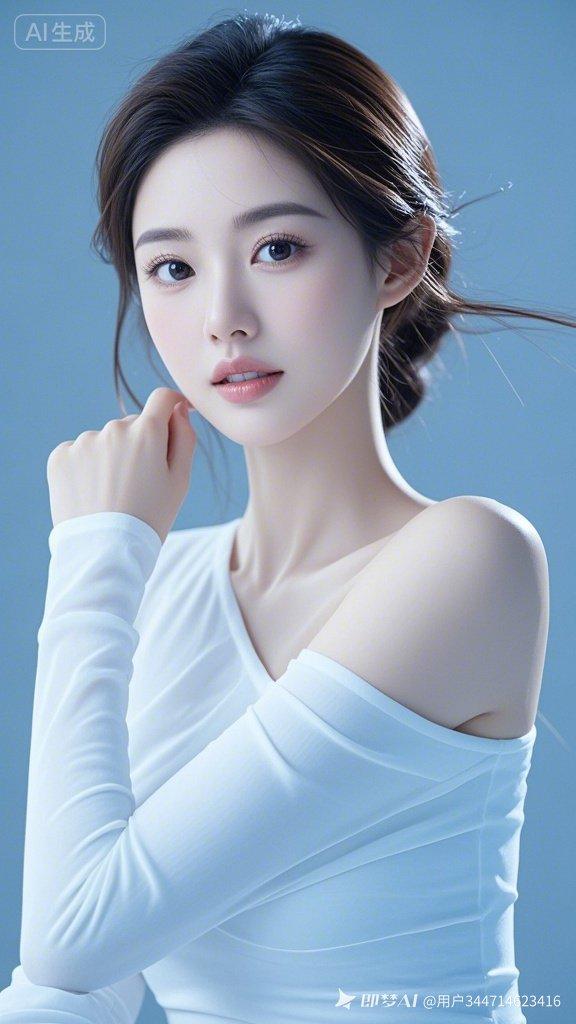 专业真人写真，女子着精致露肩修身衣，清丽如仙，眉弯眸亮，肌肤洁白柔滑，身姿优雅比