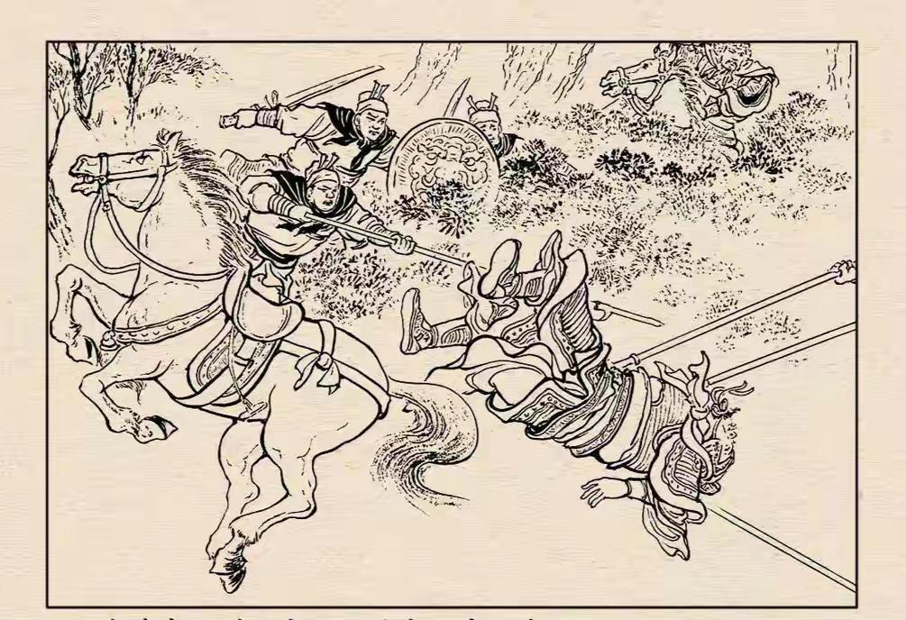 三国演义连环画：这员大将是谁？被一群伏兵用挠钩拖翻，给生擒活捉了

画面中这名大