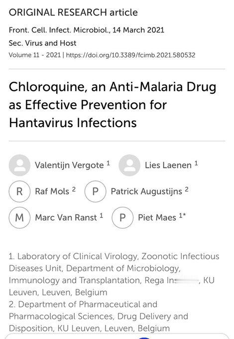 羟氯喹对汉坦病毒也应该有效。Hydroxychloroquine should 