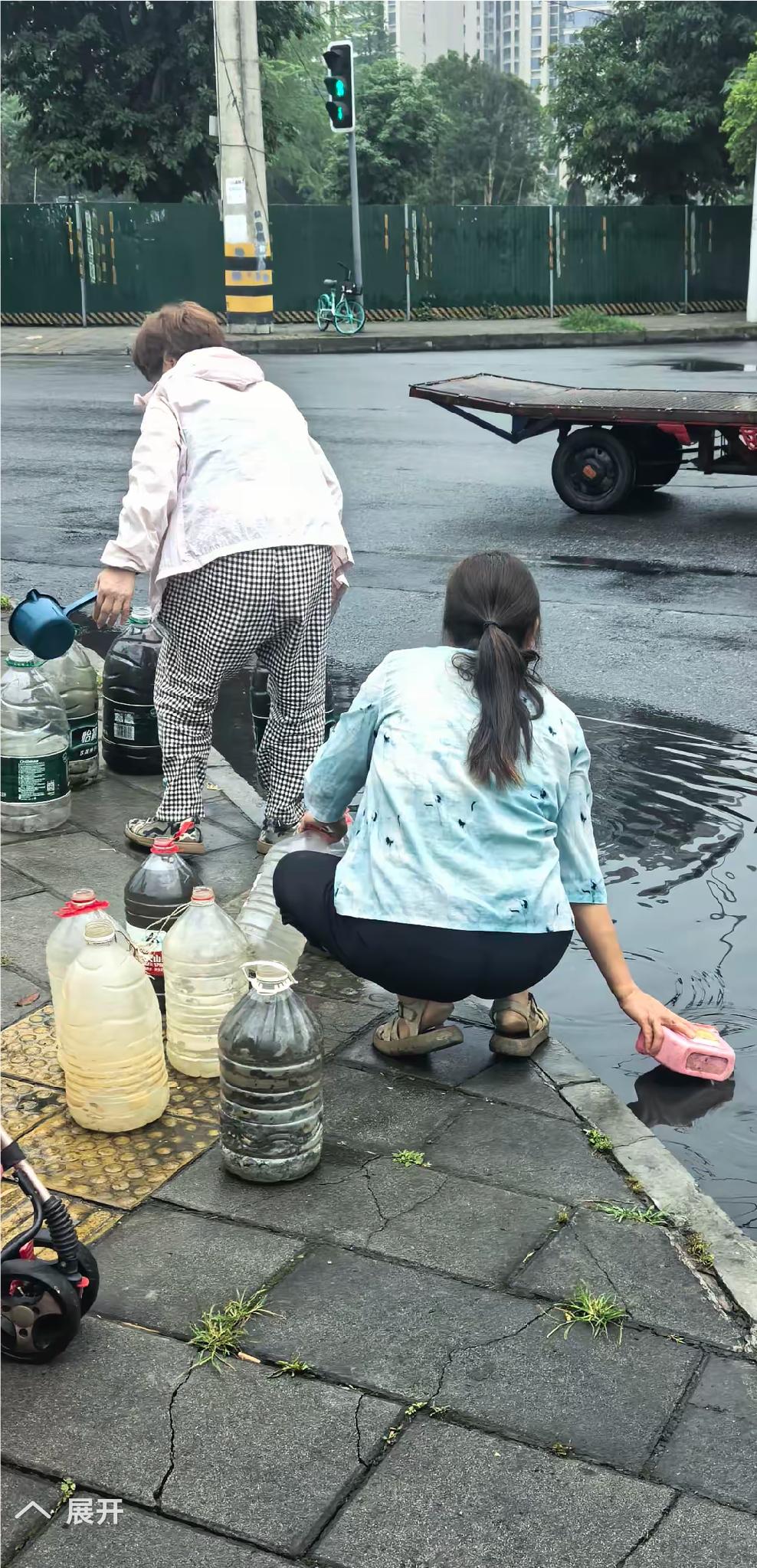 近日，成都下雨后的街上一幕，一群大妈拿着瓜瓢，瓶子，在街道坑洼地处，把混浊水，装