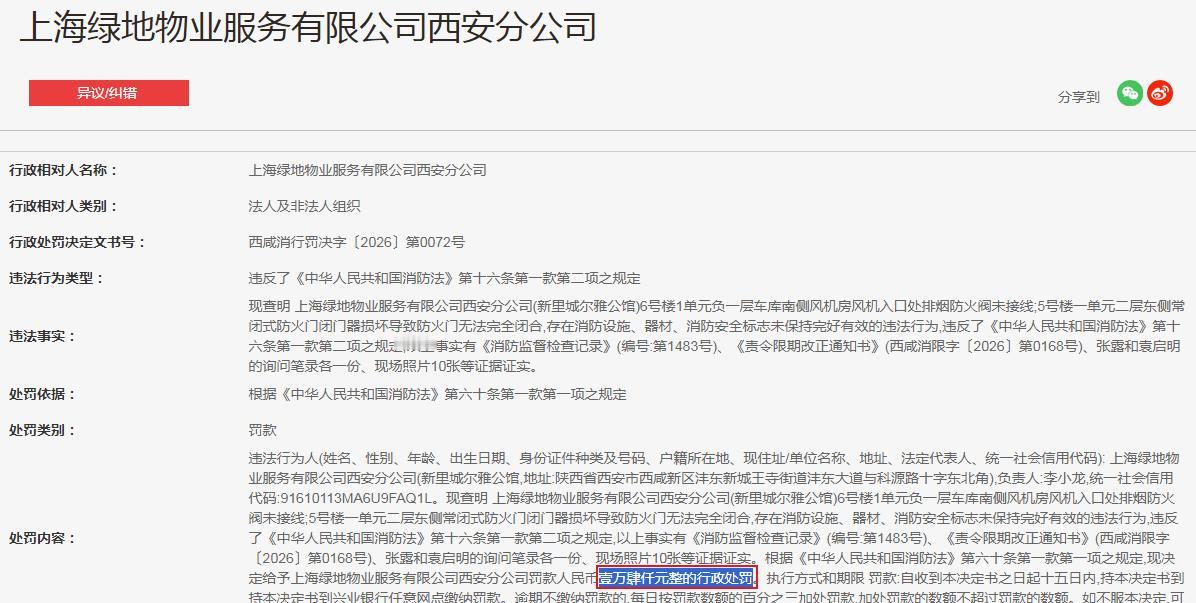 西咸新区消防支队处罚   上海绿地物业服务有限公司西安分公司

现查明 上海绿地