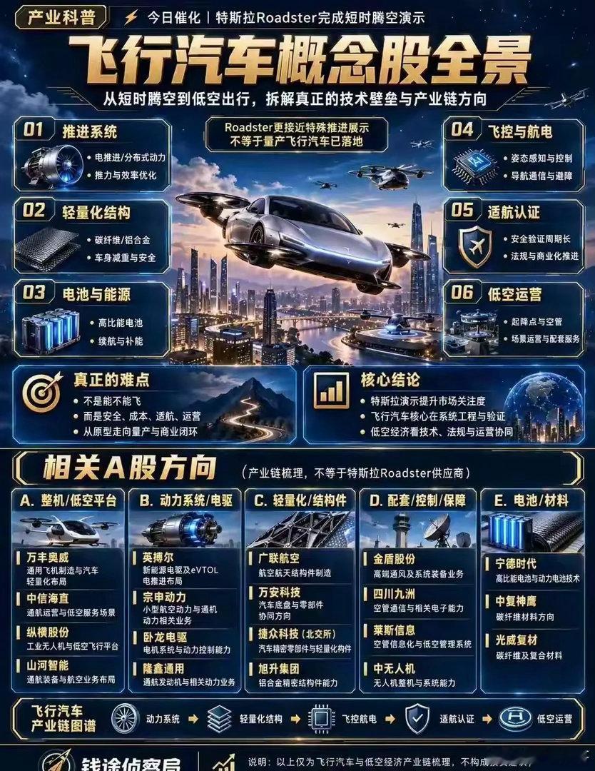 特斯拉Roadster短时腾空演示，再次带动飞行汽车、低空经济板块热度。飞行汽车
