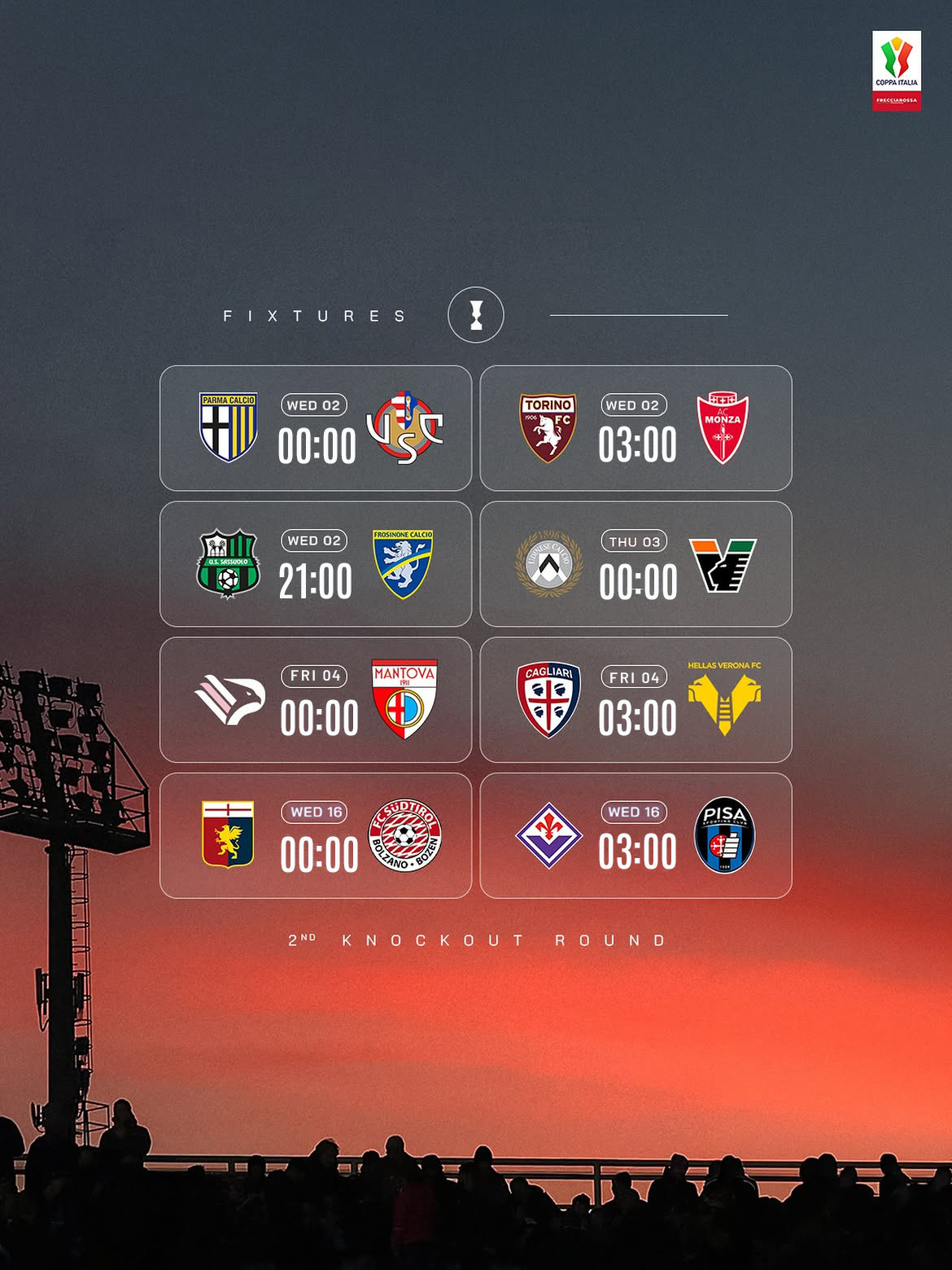 🏆🇮🇹 红箭特快列车意大利杯 第二轮帕尔马、克雷莫纳、都灵、蒙扎明晨率先亮
