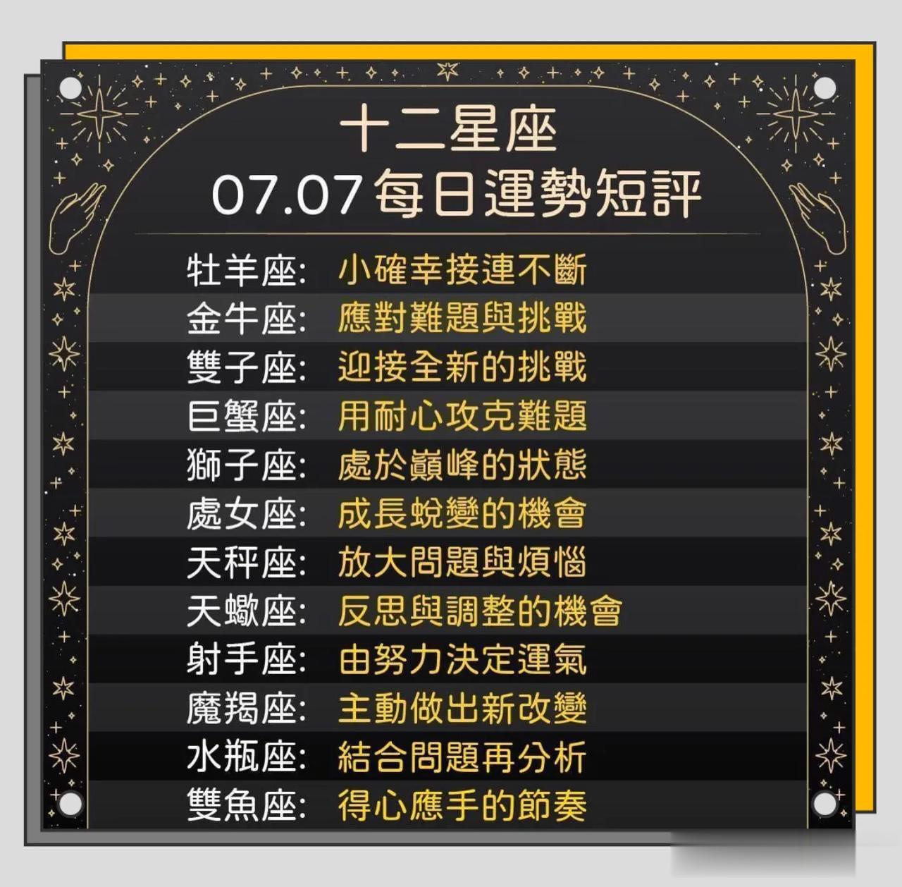 十二星座运势每日小短评
07/07运势到咯🈵️💯🥰🔥
白羊座♈️小确幸接