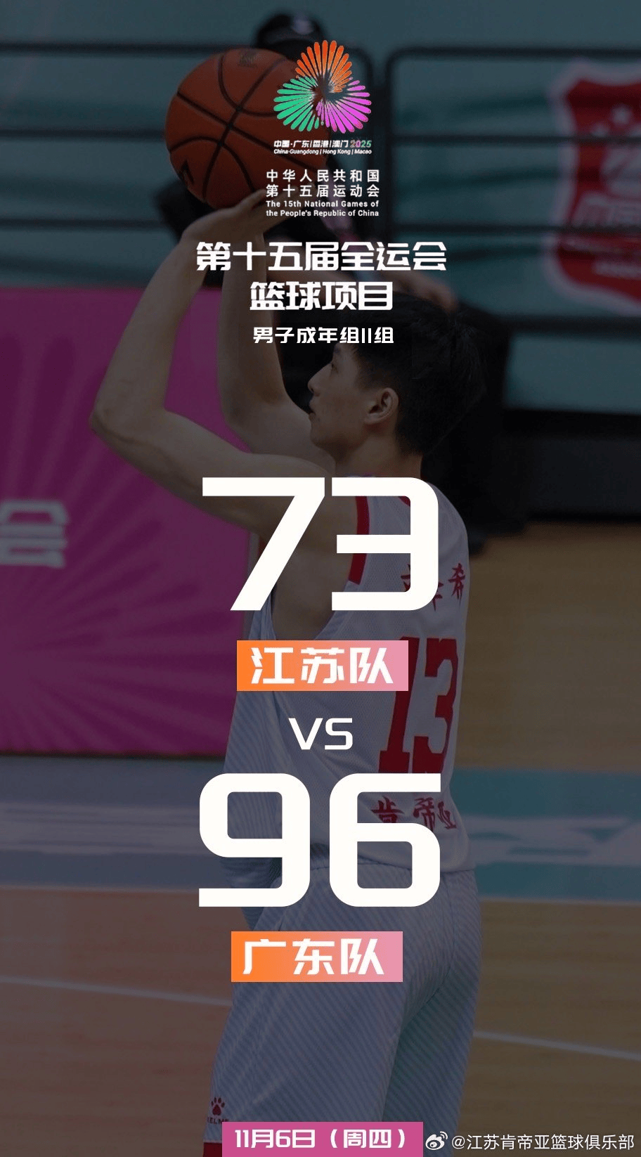 江苏男篮官方发文：下半场体能消耗严重，最终不敌广东队