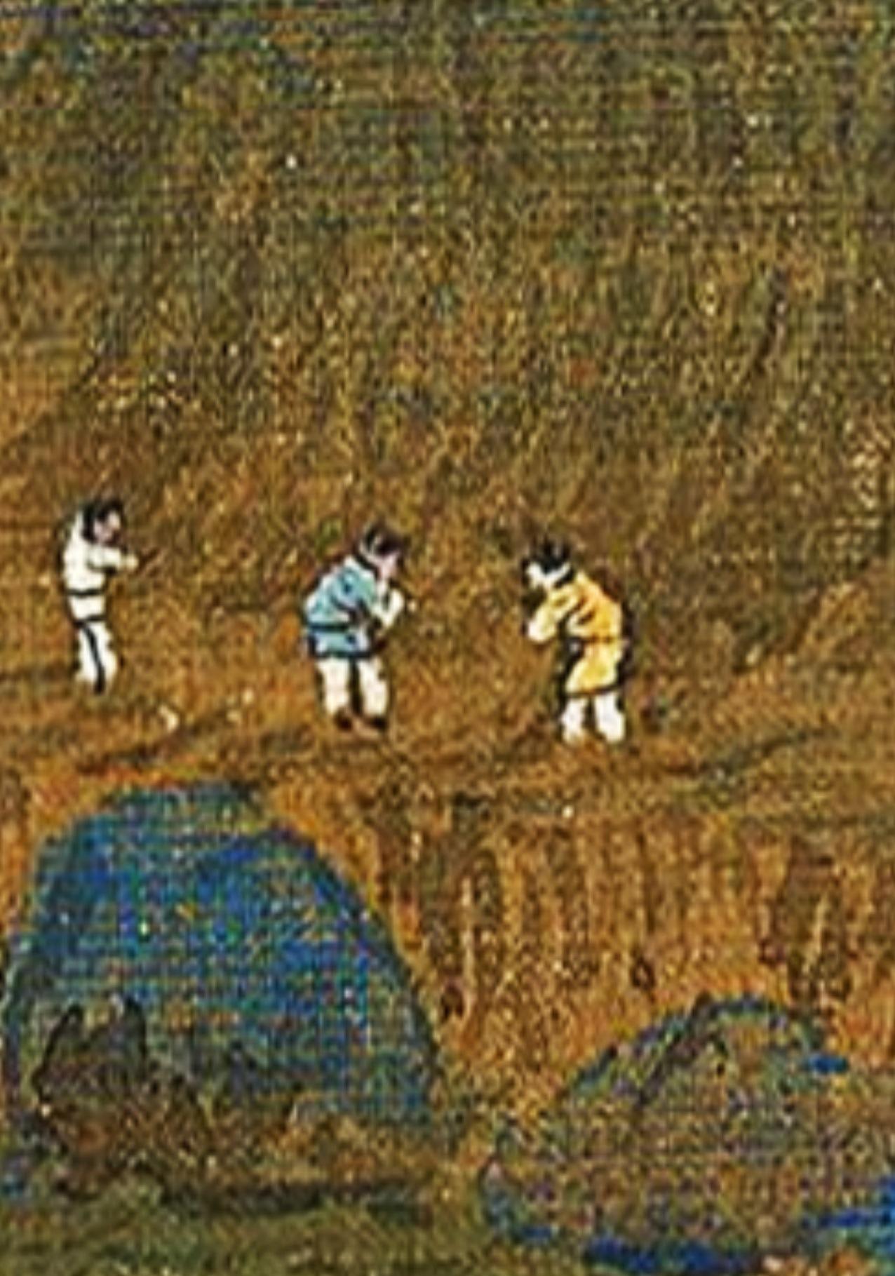 《千里江山图》虽然是宏幅巨制，但是山大水大，人物却非常小，每个人物都像米粒一般大