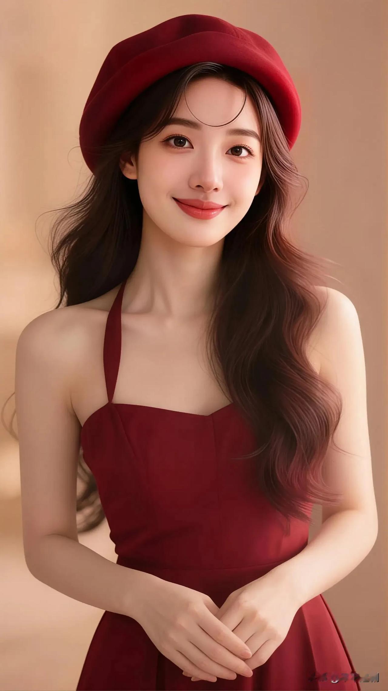 成熟稳重的美女你喜欢吗?
红裙与贝雷帽晕开复古的温柔，
发丝在暖光里轻扬，笑意藏