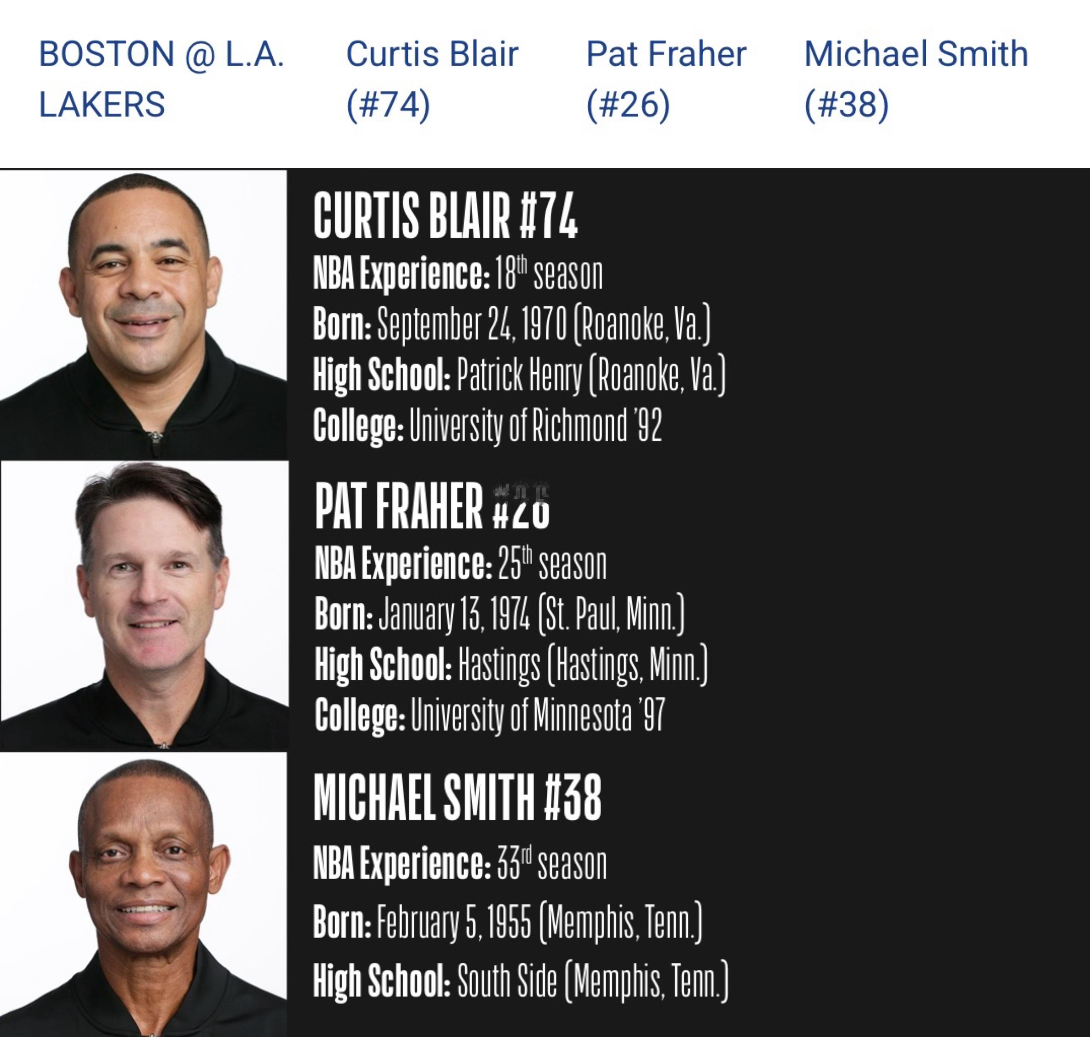 联盟公布明天黄绿大战裁判组，主裁判Curtis Blair本赛季首次执法湖人比赛