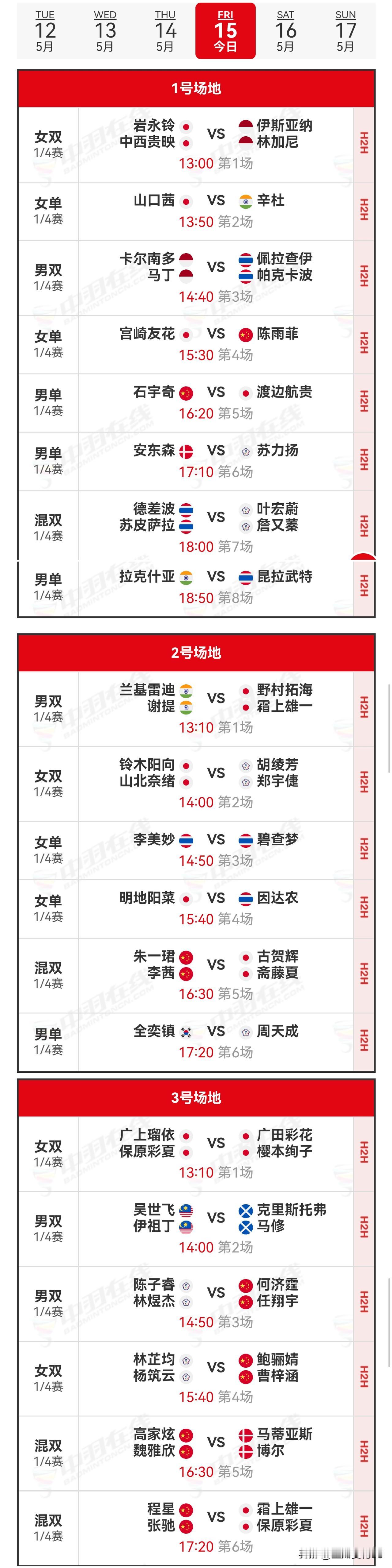 15日赛程2026年泰国羽毛球公开赛 
   15日，2026年泰国公开赛进入1
