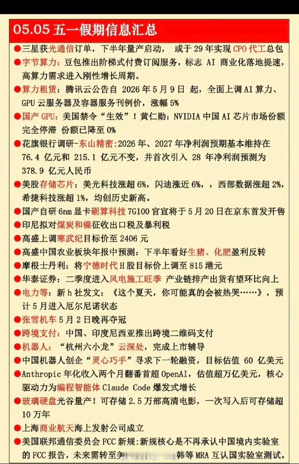 5.5周二  五一假期财经信息！1.字节算力2.国产GPU3.存储芯片（美光、闪