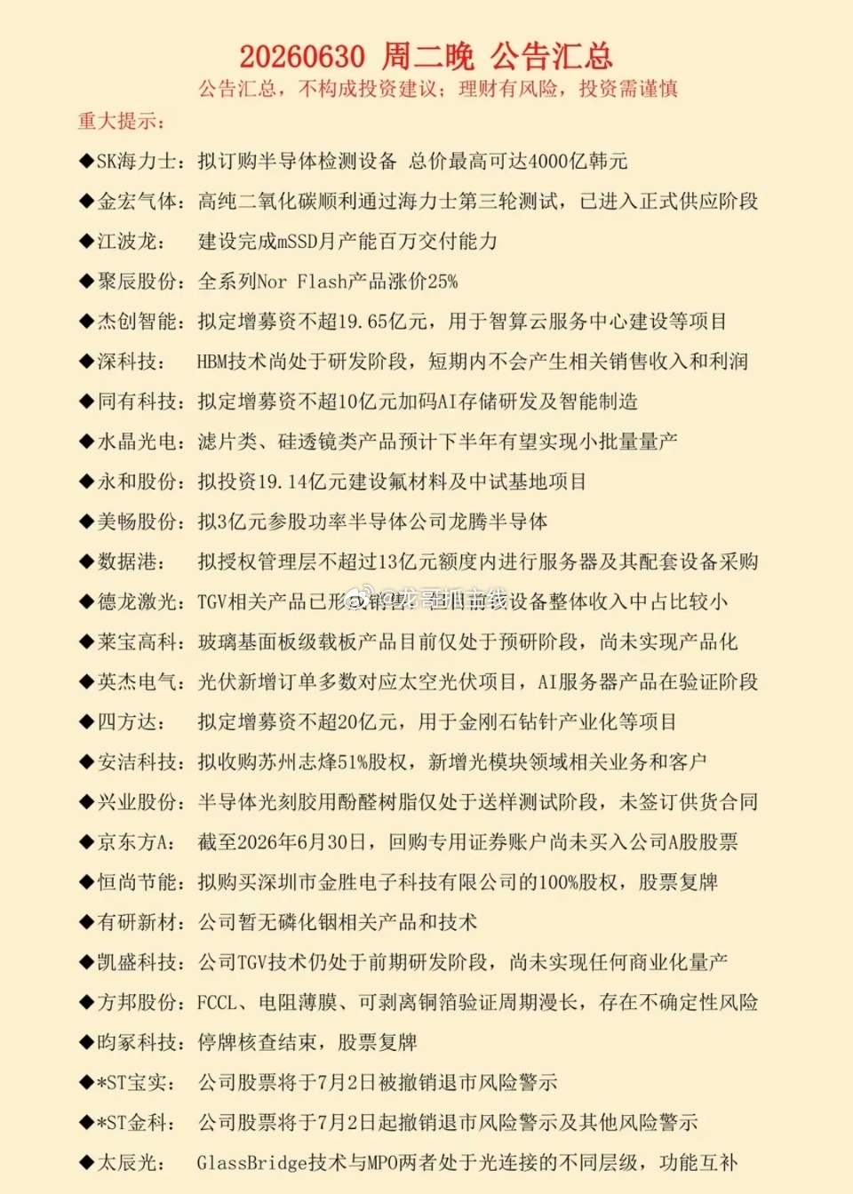7.01周三  财经热点+上市公司公告汇总！87家公司发布公告！华恒生物：实际控