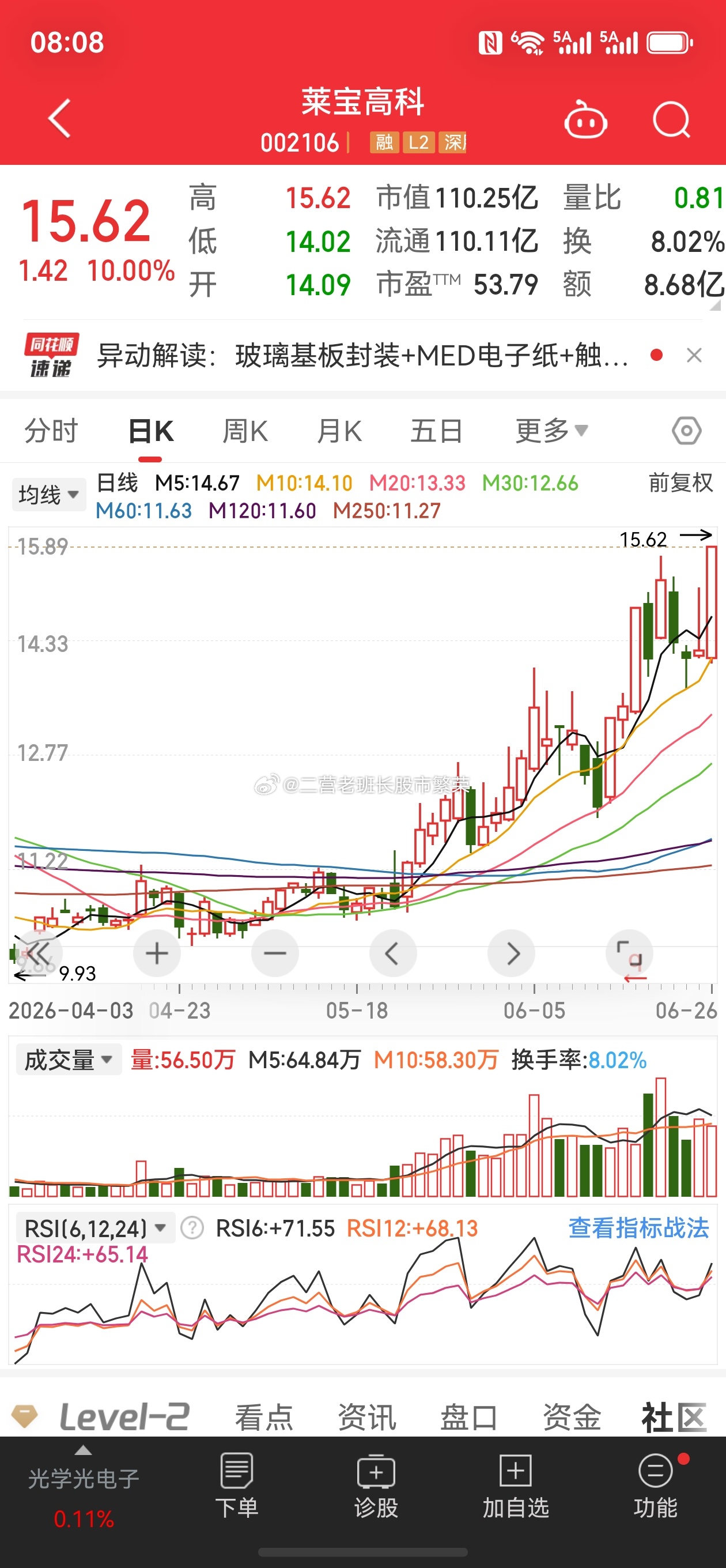 股票东方财富  莱宝高科，涨跌幅：10%玻璃基板；康宁发布光学互连组件“玻璃桥”