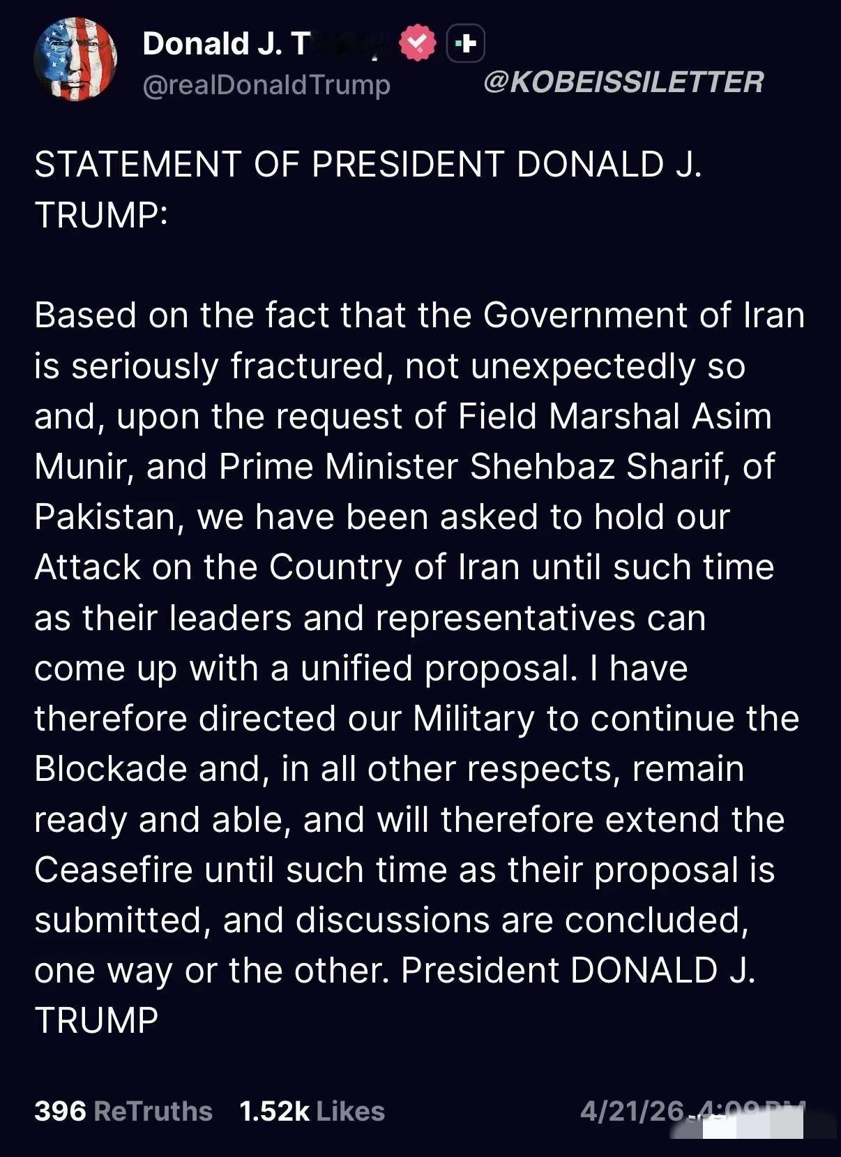 继续停火！继续封锁！
特朗普发布贴文声明，停火协议到期后，将延续停火！观此声明，