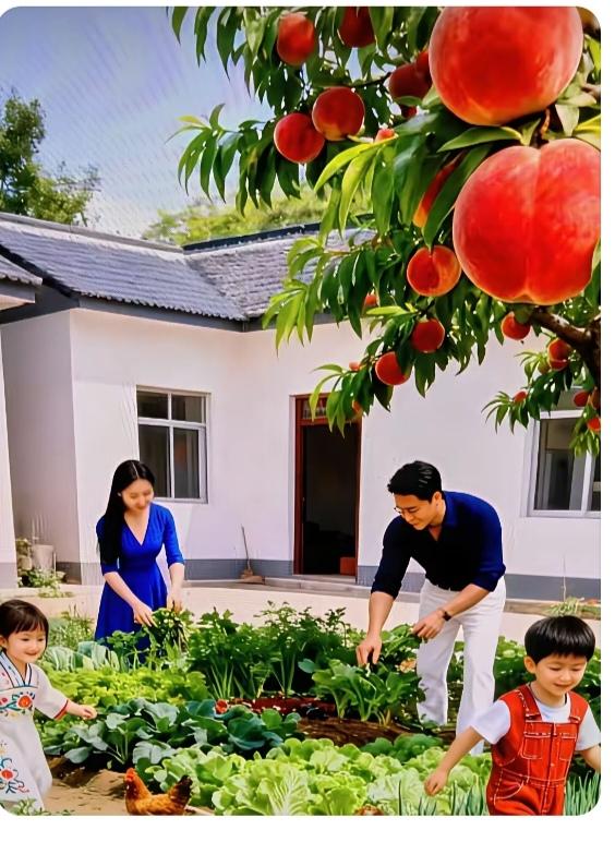 真“幸福”
乡下小院就是好；
院前蔬菜品种多；
大红桃子树上挂；
夫妻二人摘菜忙