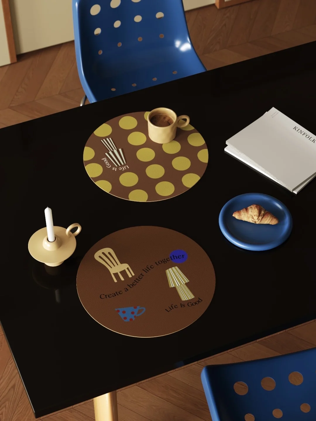 杂志感桌搭🟡🟤波点杯垫的秋冬暖调氛围