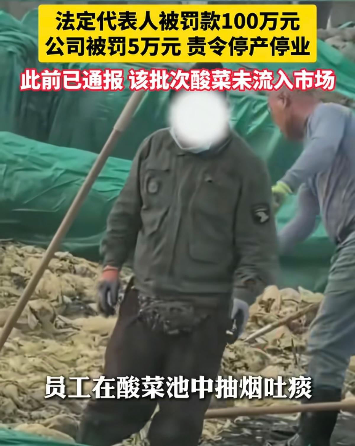 恶心！酸菜池边抽烟吐痰竟真实发生。辽宁润泽农业的工作人员，在腌渍酸菜的池边作业时