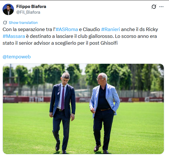 Biafora：随着拉涅利与罗马分道扬镳，马萨拉也注定将离开罗马。 