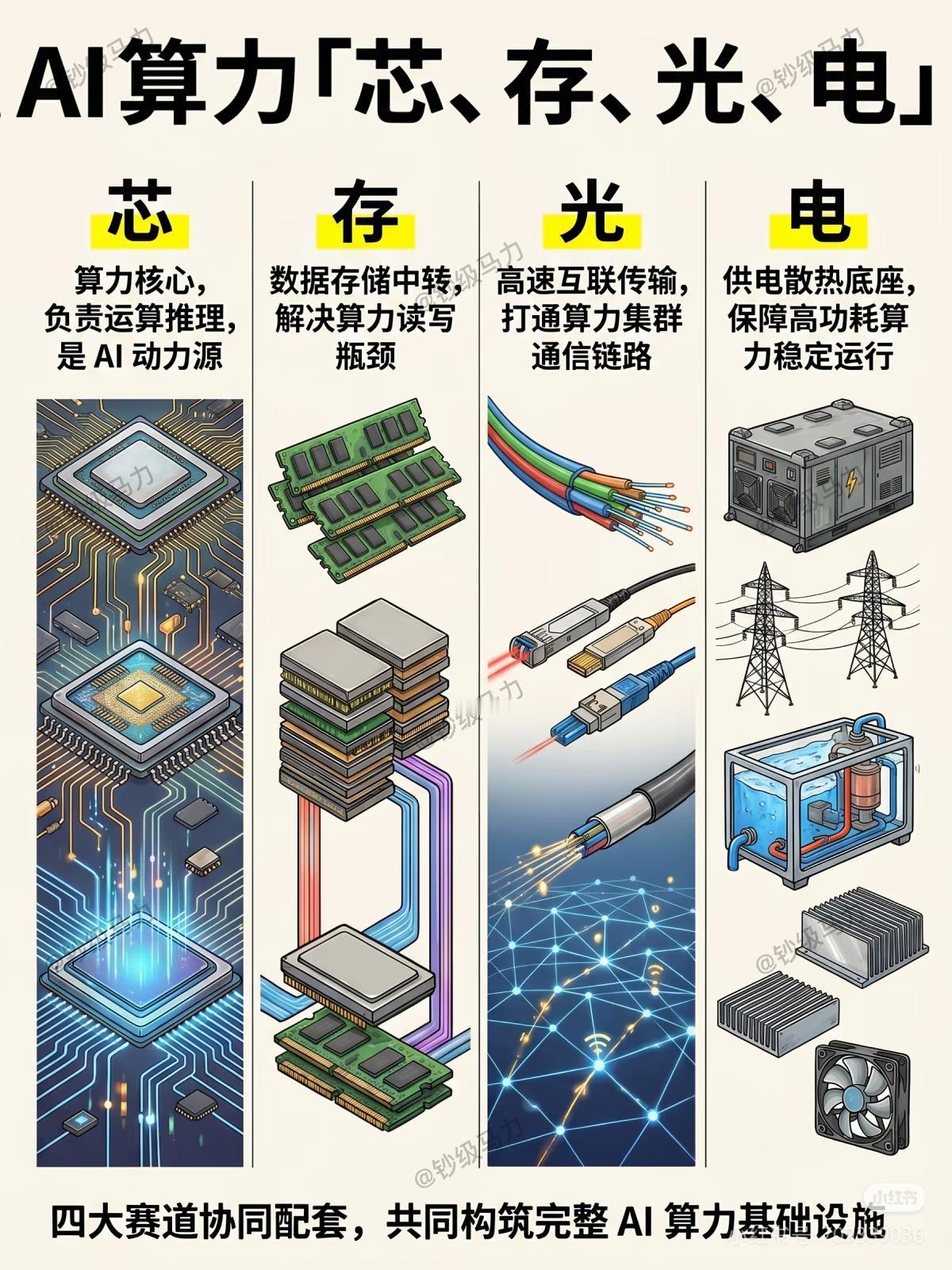 AI算力的真相，根本不止GPU
 
看懂芯、存、光、电，才算看懂真正的AI算力底