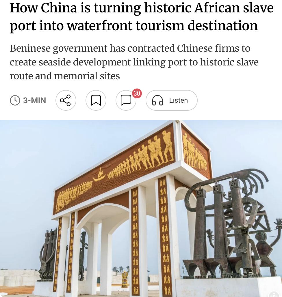 外媒：中国正将贝宁南部大西洋沿岸城市维达的历史奴隶港口改造为海滨旅游热点。

该