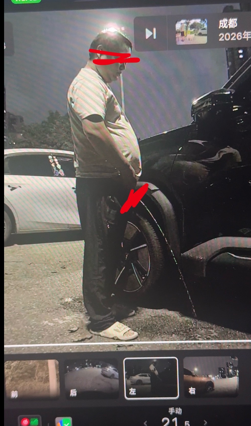 ……我的车拍下来的数不清的第几个专门尿人家轮胎和车门的畜生了……旁边餐饮一条街公