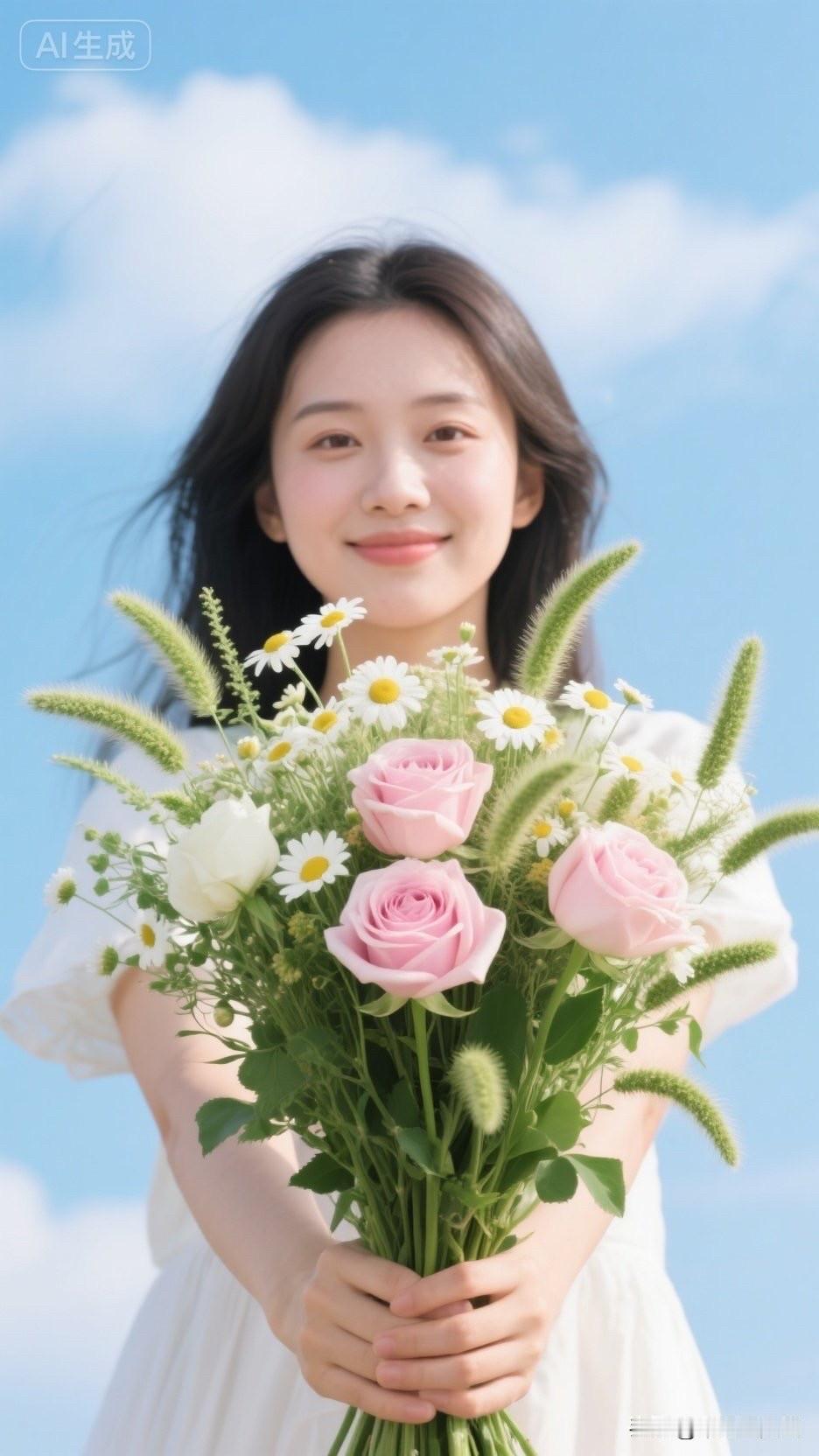 阳光下的少女与花束，温柔如梦