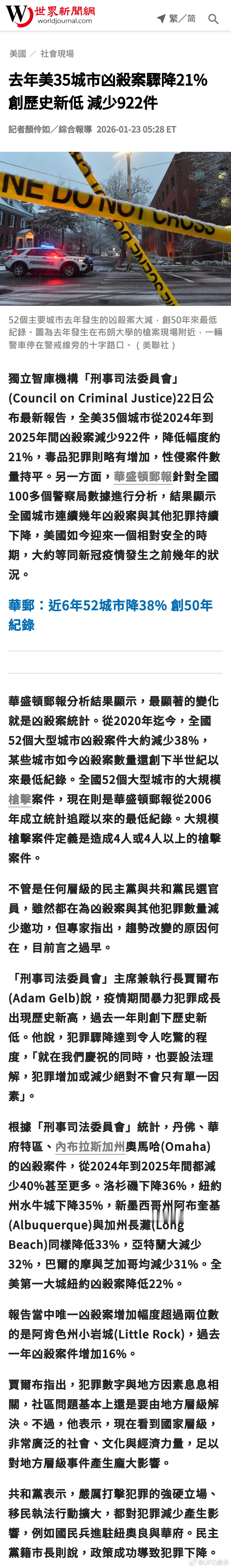 去年美35城市凶杀案骤降21% 创历史新低 减少922件 