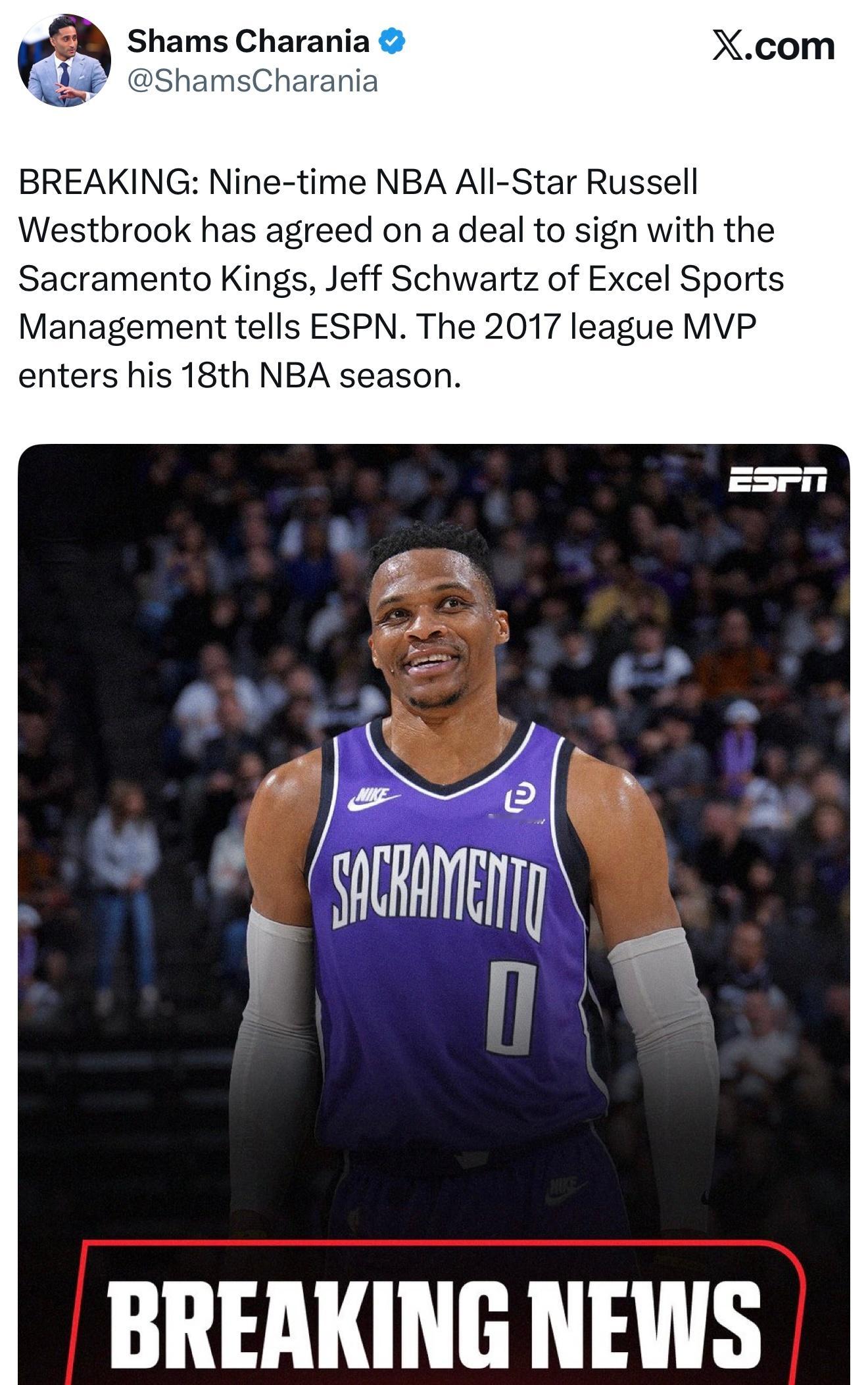 恭喜威少，签约国王，回归NBA！[good][good][good] Shams