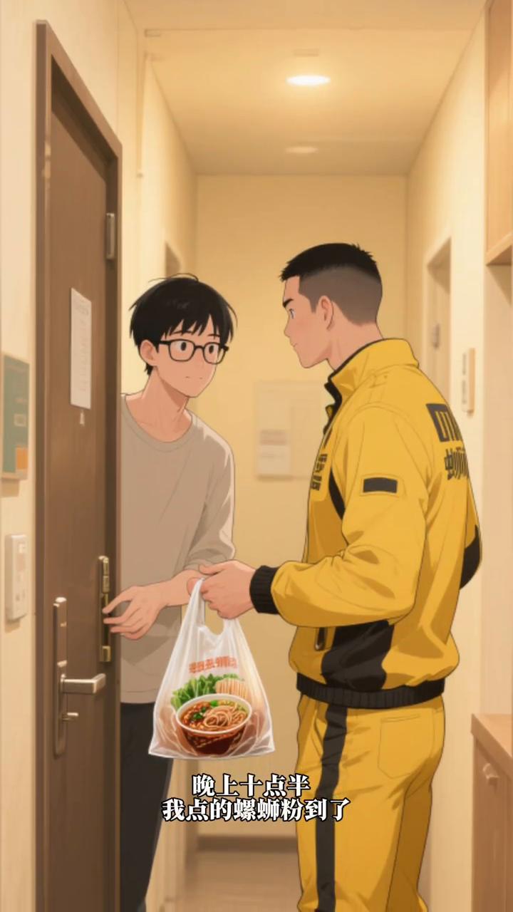 幽默小故事：《我的外卖是首诗》。
叮咚，晚上十点半，我点的螺蛳粉到了。开门后，一