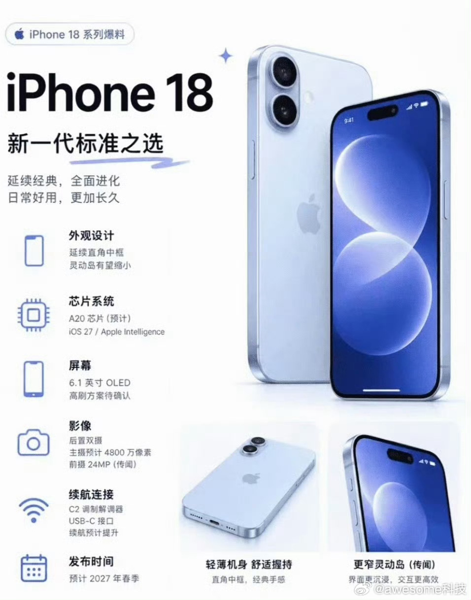 iPhone18标准版最新爆料经典直角中框轻薄机身，握持感回归！缩小版灵动岛，告