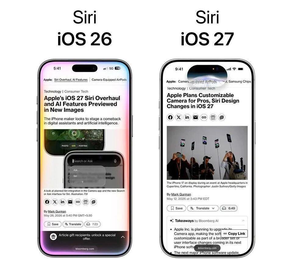 iOS 27将采用全新的Siri，iOS 27去掉了iOS 26跑马灯效果。跑马