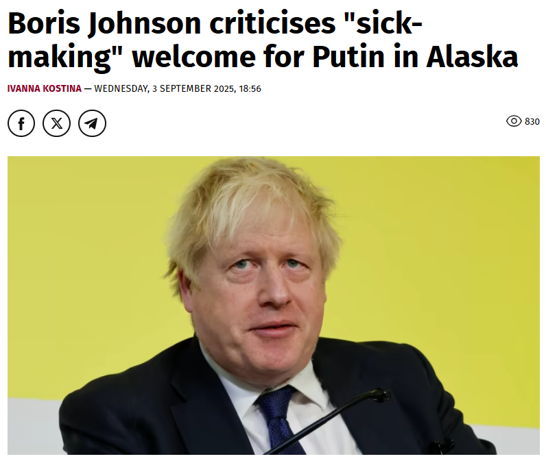 约翰逊批评在阿拉斯加对普京的“令人作呕”的欢迎英国前首相约翰逊谴责了他所说的特朗