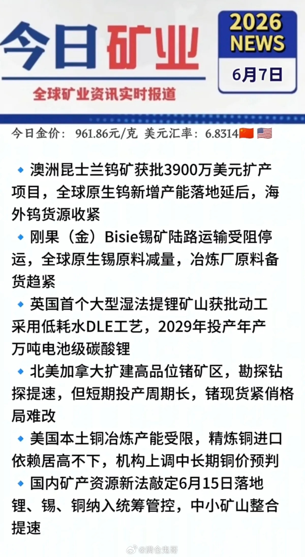 6.5周五  最新：有色金属+矿业新闻！1.英国首个大型“锂矿”获批2.刚果，锡