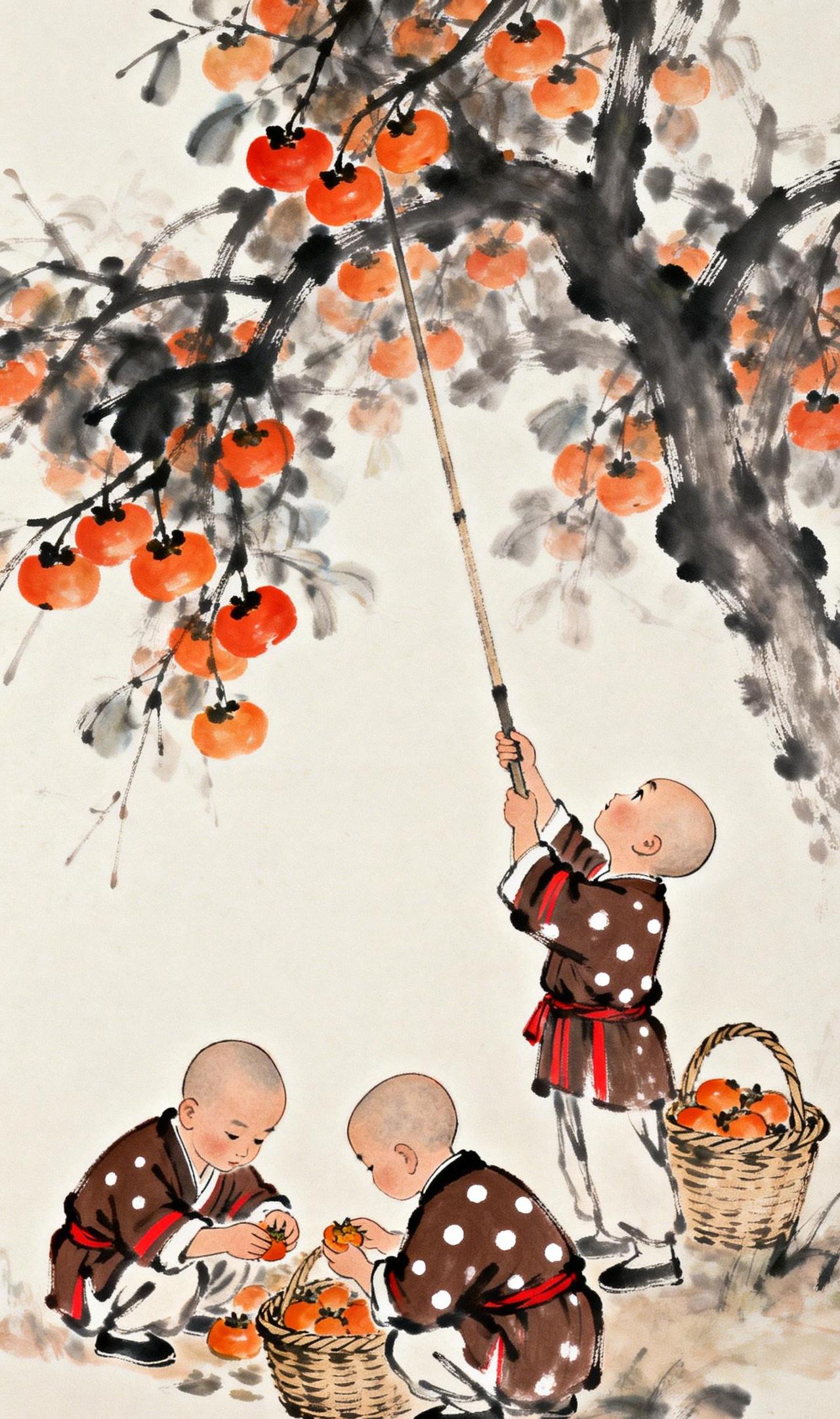 柿荫禅趣
秋深柿熟，满树悬金。枝叶疏朗间，三五果实低垂轻晃，似含笑意。一僧仰首执